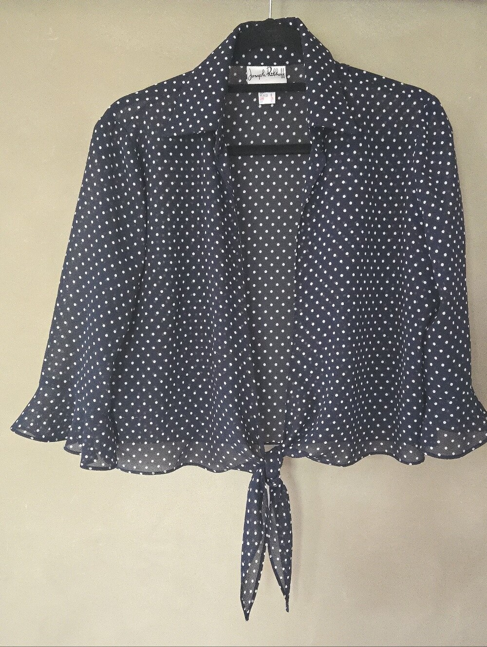 Vintage Joseph Ribkoff | Navy & White Polka Dot Tie-Front Sheer Blouse, Size 8 - Picture 2 of 6